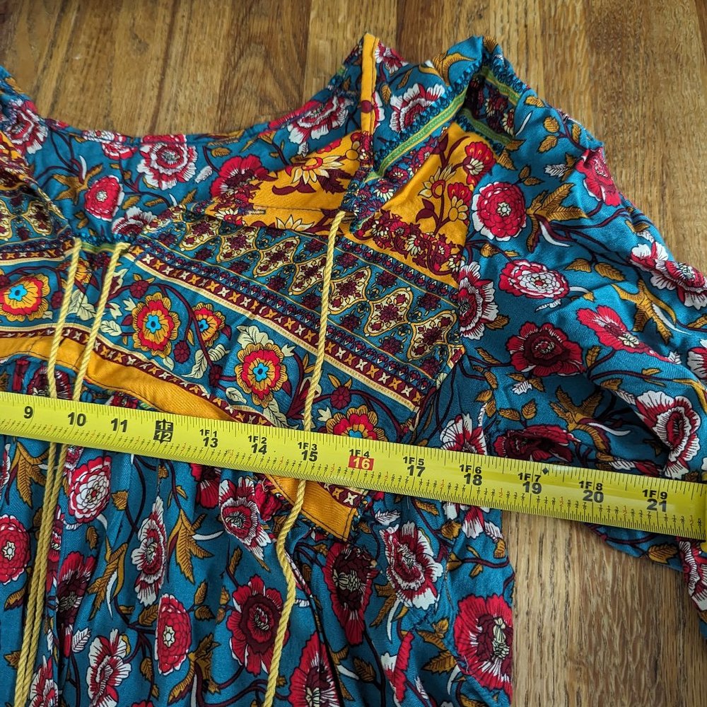 Women's XXL 100% Cotton Colorful Long Sleeved Boho Floral Dress with Tassels - Picture 4 of 6